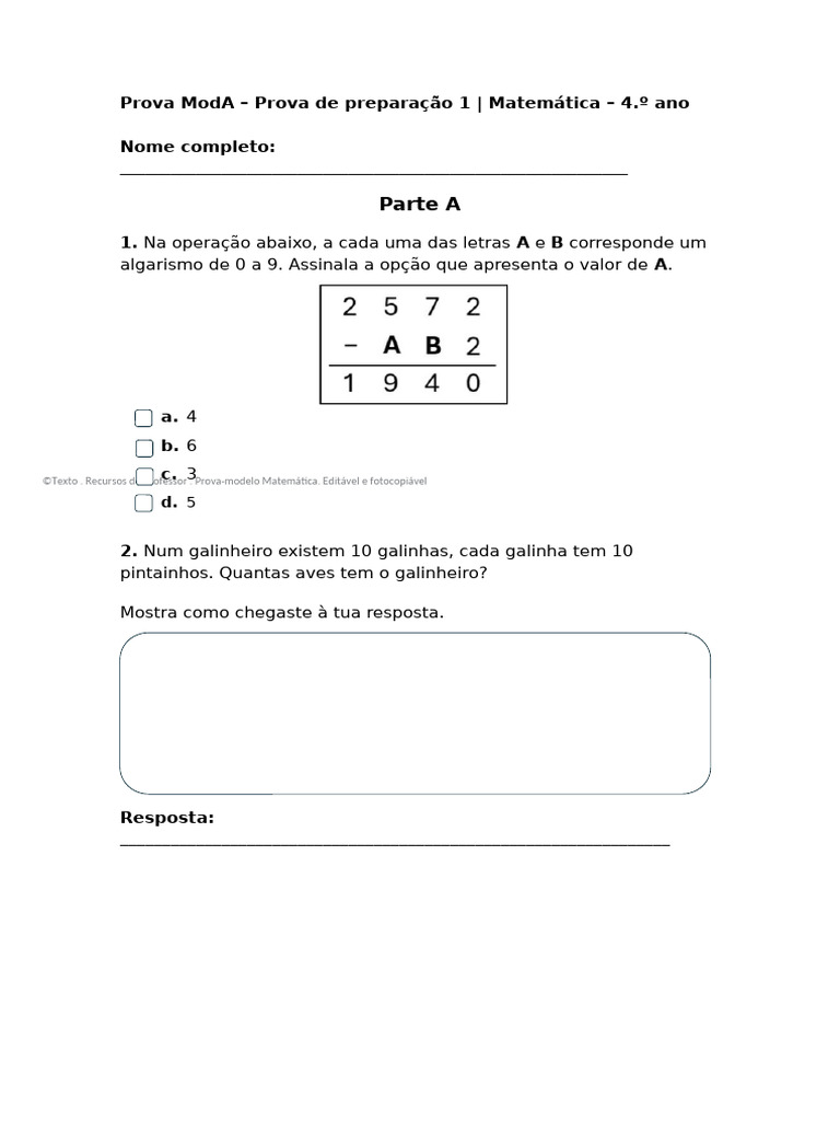 Prova de Matemática 4.º Ano - Modelo | PDF