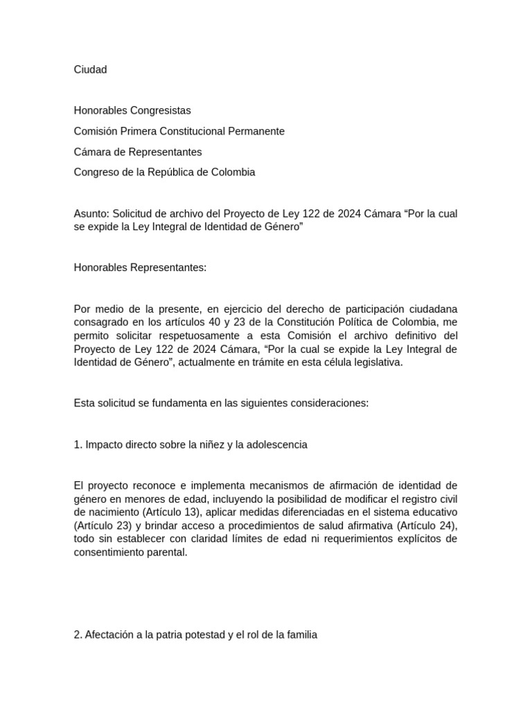 Solicitud de archivo del Proyecto de Ley 122 | PDF | Identidad de ...