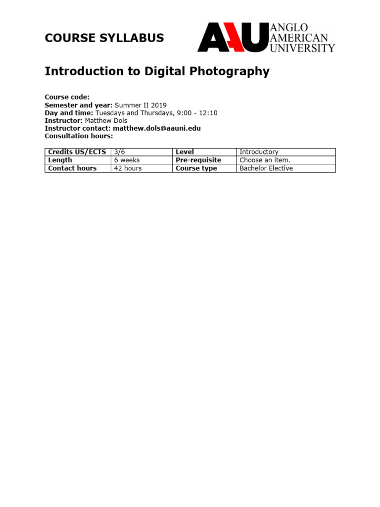 Intro to Digital Photography Syllabus | PDF | Camera | Exposure ...