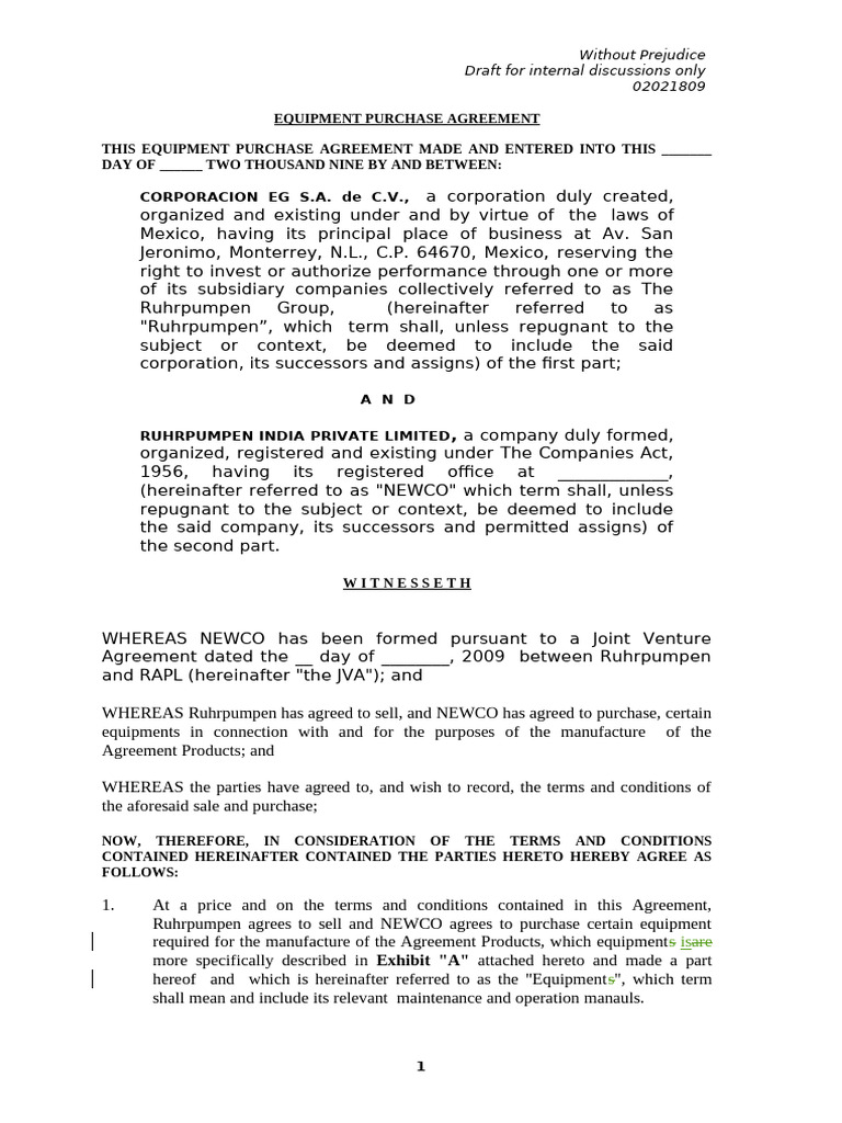 Equipment Purchase Agreement Draft | PDF | Private Law | Common Law