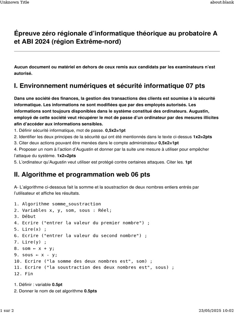 Épreuve Informatique Probatoire A 2024 | PDF | Mot de passe | Informatique