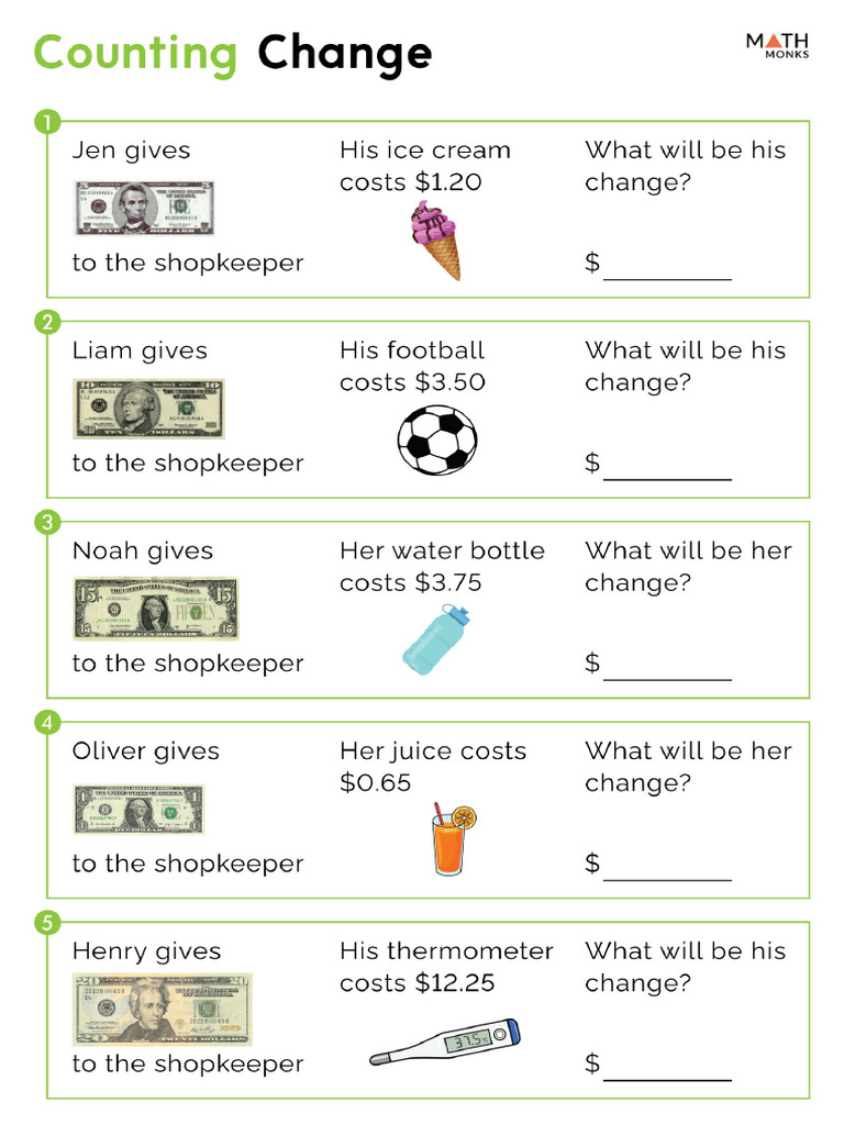 Counting Back Change Worksheets | PDF
