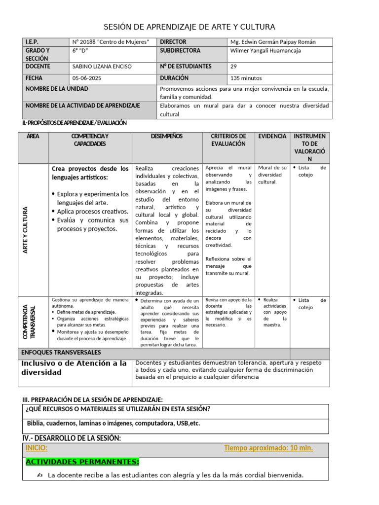 05-06-2025 Sesion Arte y Cultura | PDF | Aprendizaje | Conocimiento ...