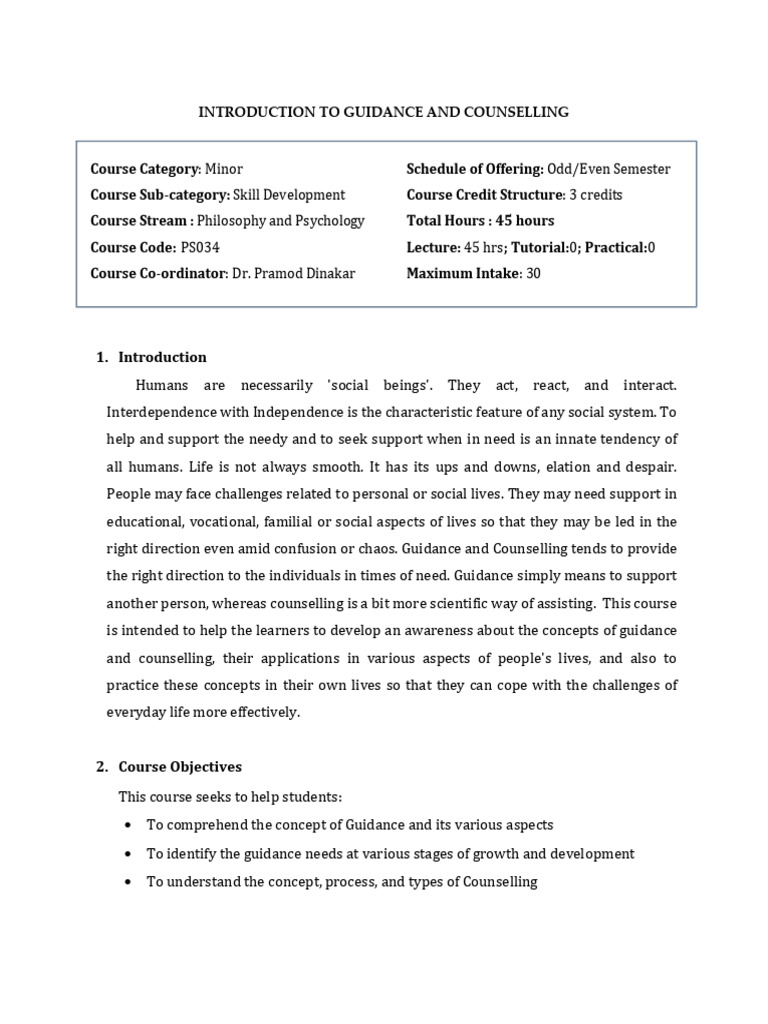 Introduction to Guidance & Counselling Course | PDF | Psychotherapy ...