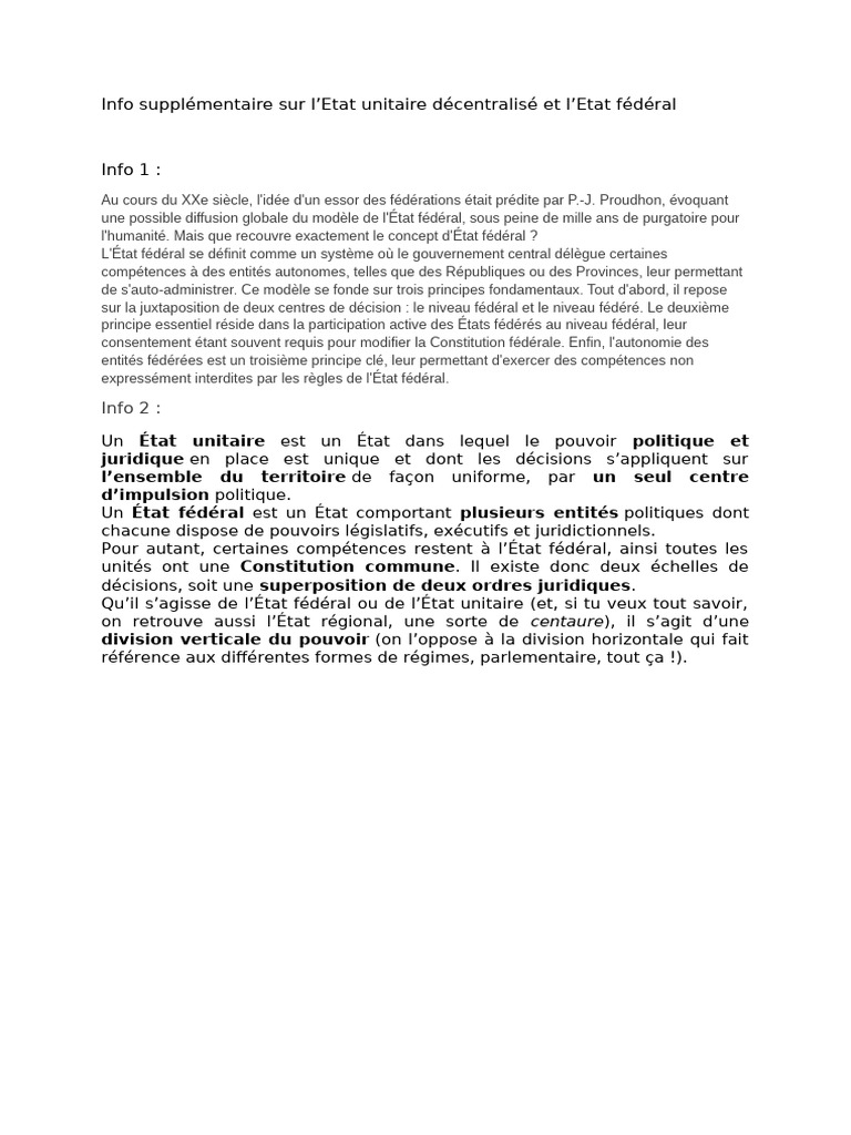 État unitaire vs État fédéral : enjeux clés | PDF | Fédéralisme ...