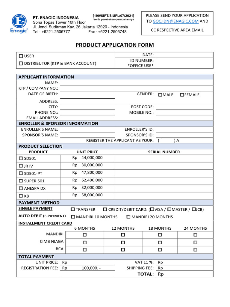 Enagic Indonesia Product Application Form | PDF | Debit Card | Payments