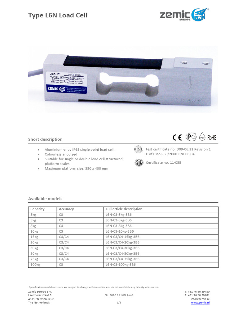 Zemic L6N Load Cell Specifications | PDF | Electrical Engineering ...