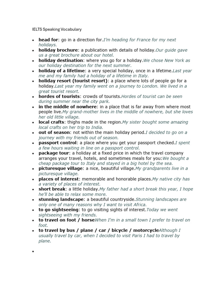 Essential IELTS Speaking Travel Vocabulary | PDF