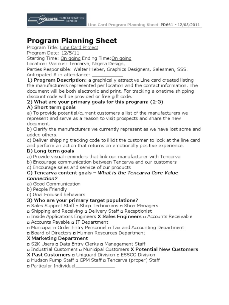 TMC Procedure PD661 Program Planning Sheet | PDF | Sales | Communication