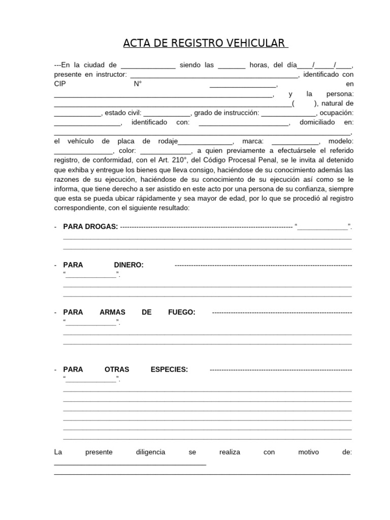 Acta de Registro Vehicular Detenido | PDF | Justicia | Crimen y violencia
