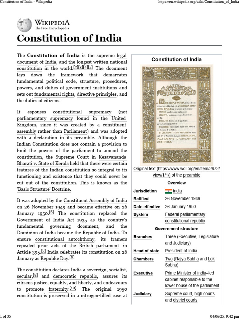 Constitution of India - Wikipedia | PDF | Constitutional Amendment ...