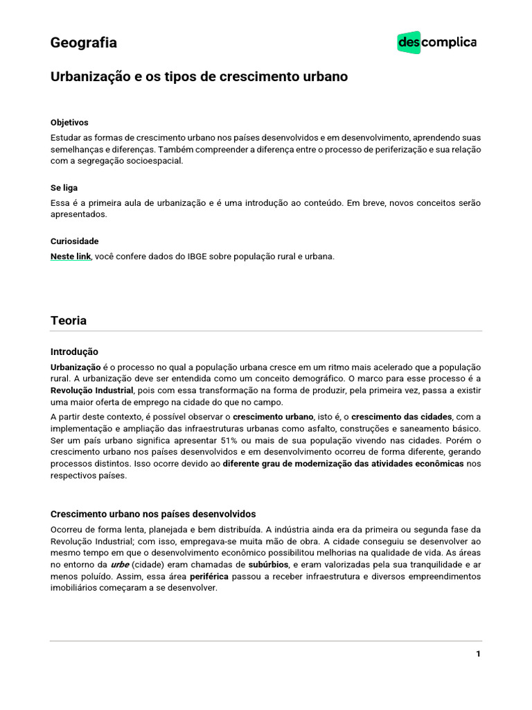 Diferenças entre Urbanização e Crescimento Urbano | PDF | Urbanização ...