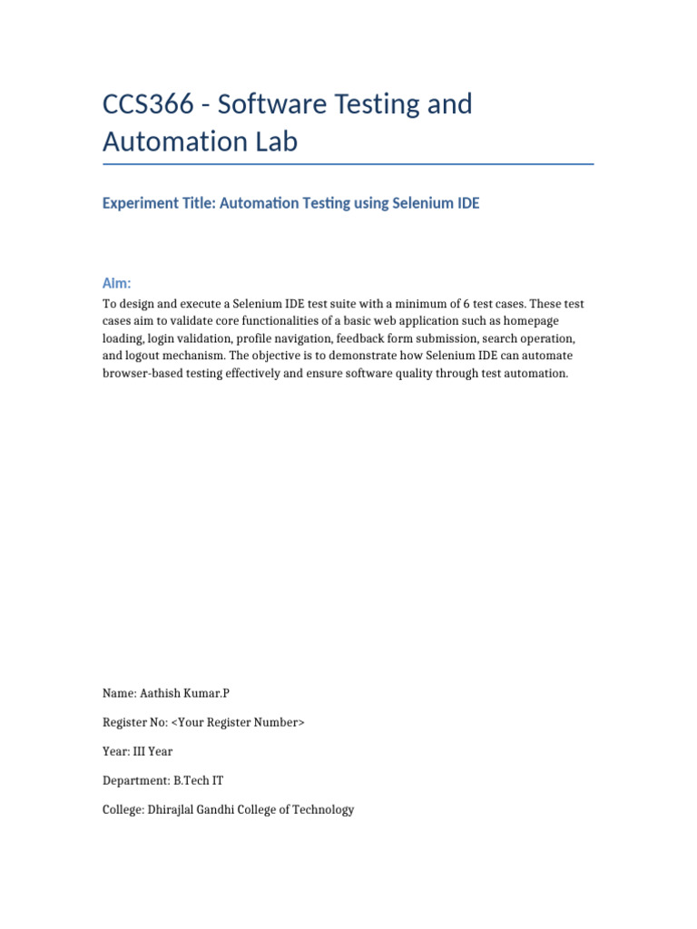 Selenium IDE Automation Testing Lab | PDF | Selenium (Software) | World ...