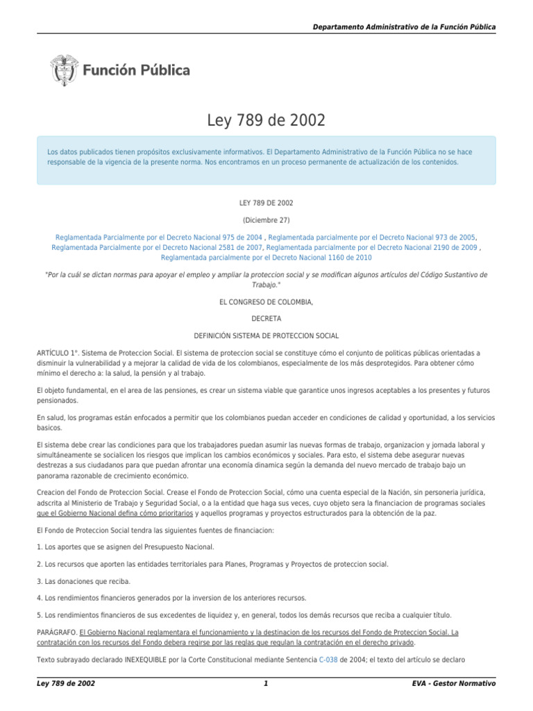 Resumen de la Ley 789 de 2002 | PDF | Desempleo | Salario