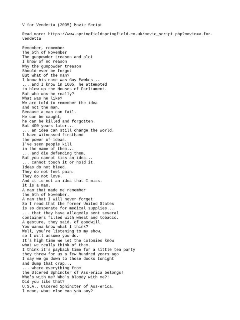 V for Vendetta Movie Script | PDF