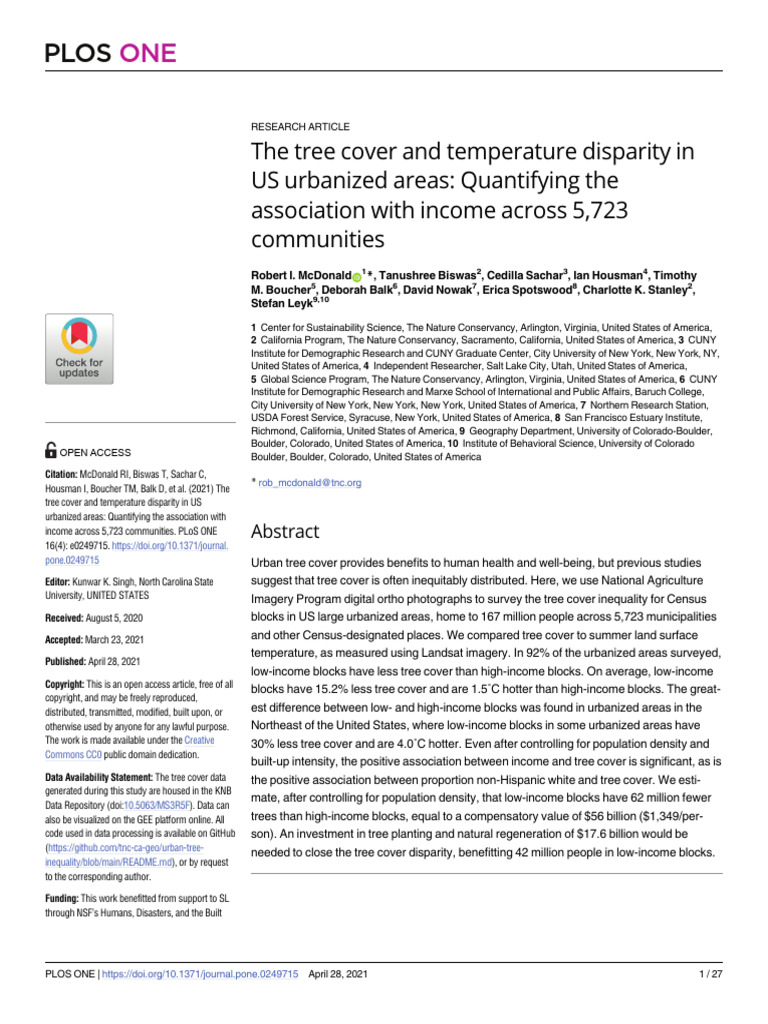Tree Cover Inequality in US Cities | PDF | Spatial Analysis | Dependent ...