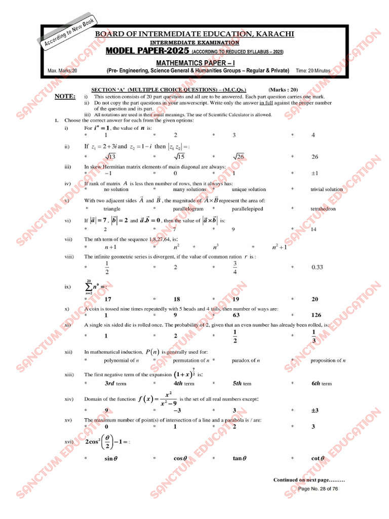 Xi Math Solved Model Paper 2025 - Sanctum Education | PDF