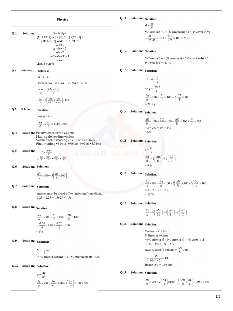 Physics Solutions and Error Analysis | PDF