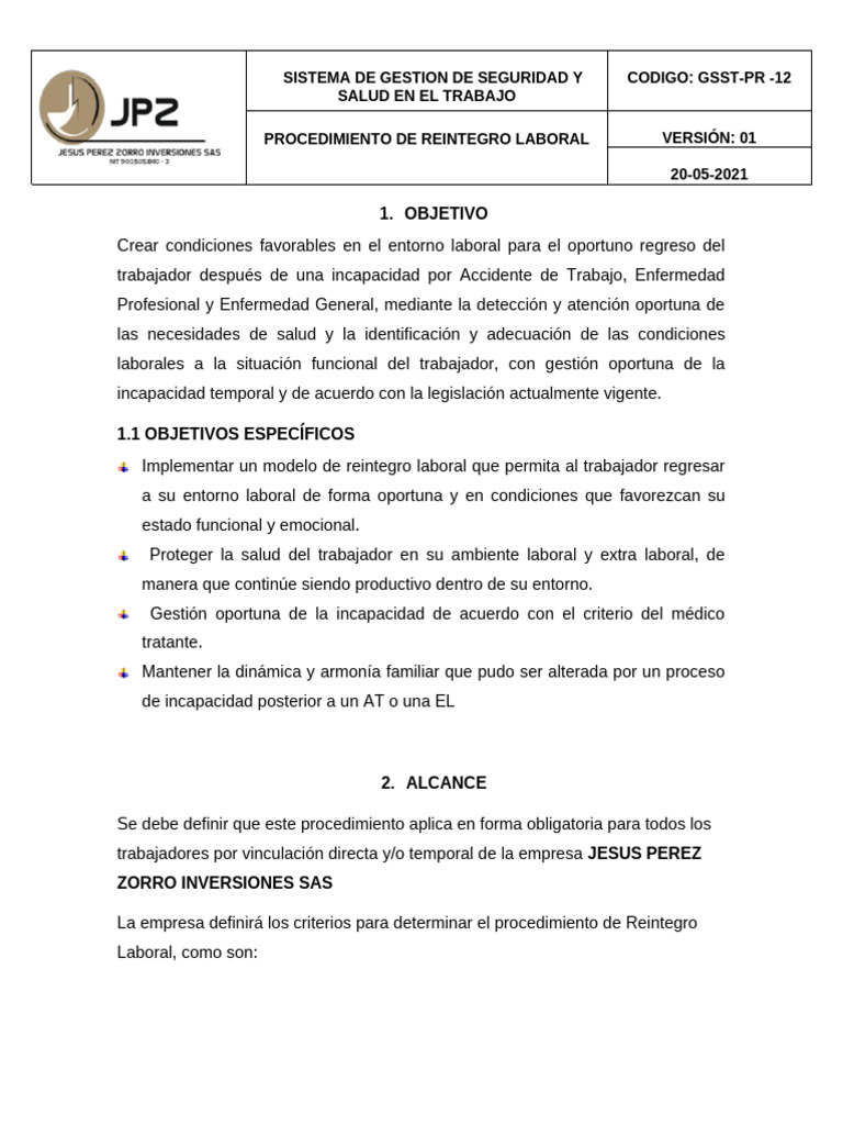 Procedimiento de Reintegro Laboral Efectivo | PDF | Seguridad y salud ...