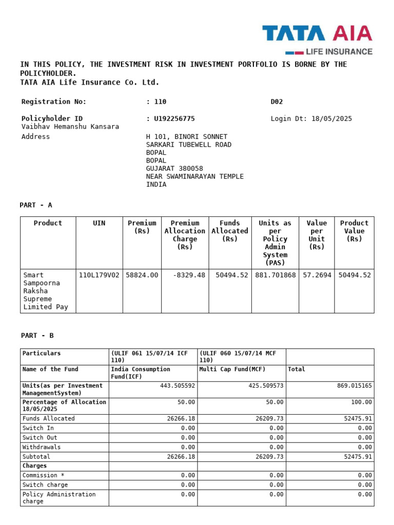 Tata AIA Life Insurance Policy Statement | PDF | Insurance | Life Insurance