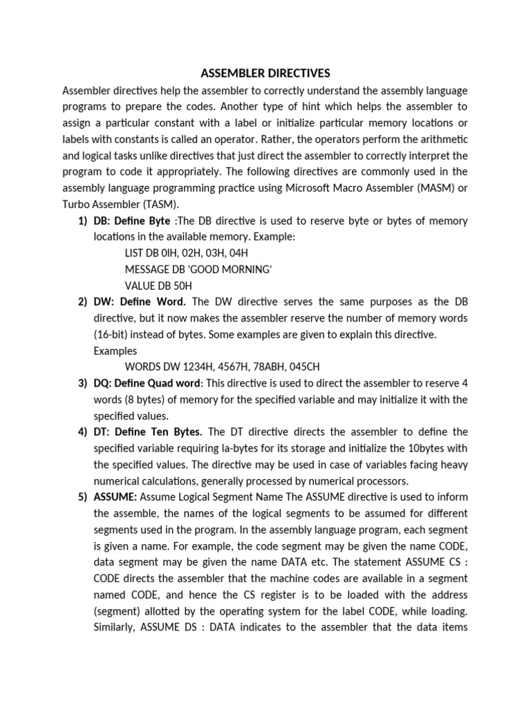 Assembler Directives Explained | PDF | Assembly Language | Pointer ...