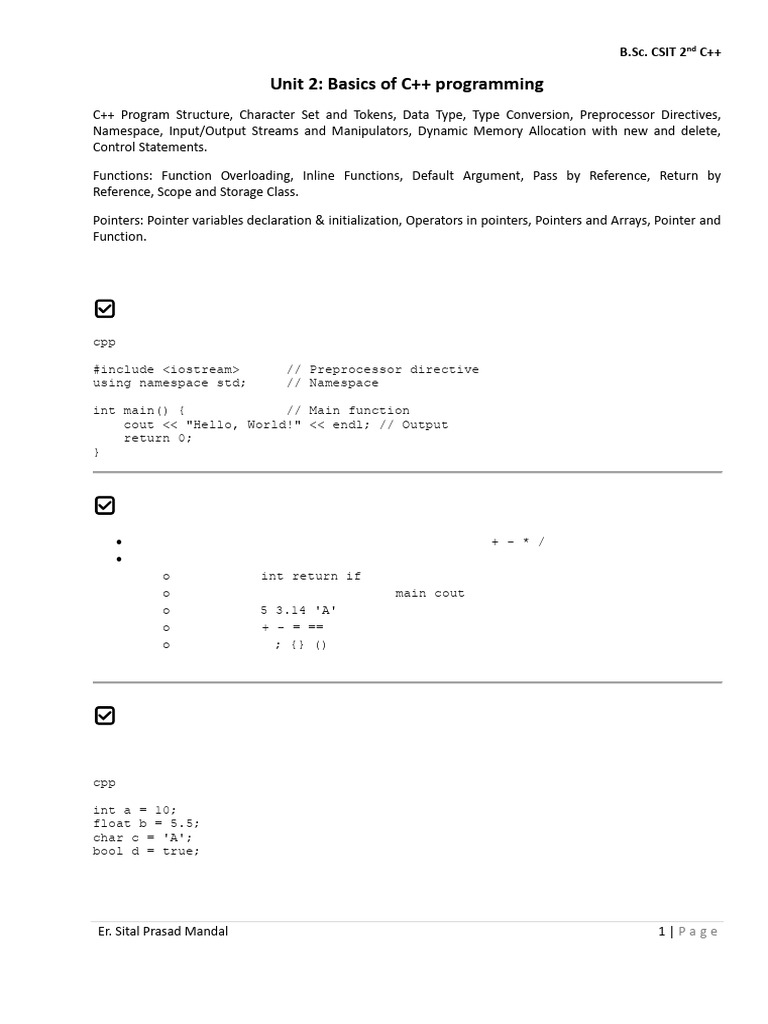 C++ Programming Basics for B.Sc. CSIT | PDF | Pointer (Computer ...