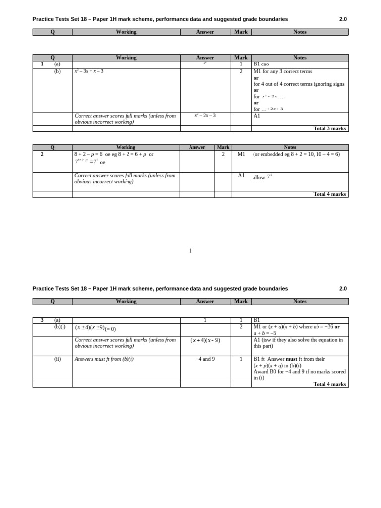 Practice Tests Set 18: Mark Scheme & Data | PDF | Mathematical Objects ...