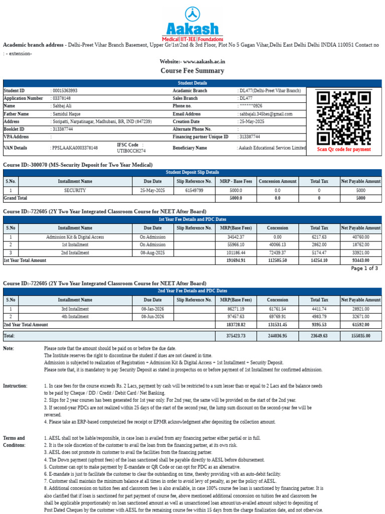 NEET Course Fee Structure Overview | PDF | Fee | Credit Card