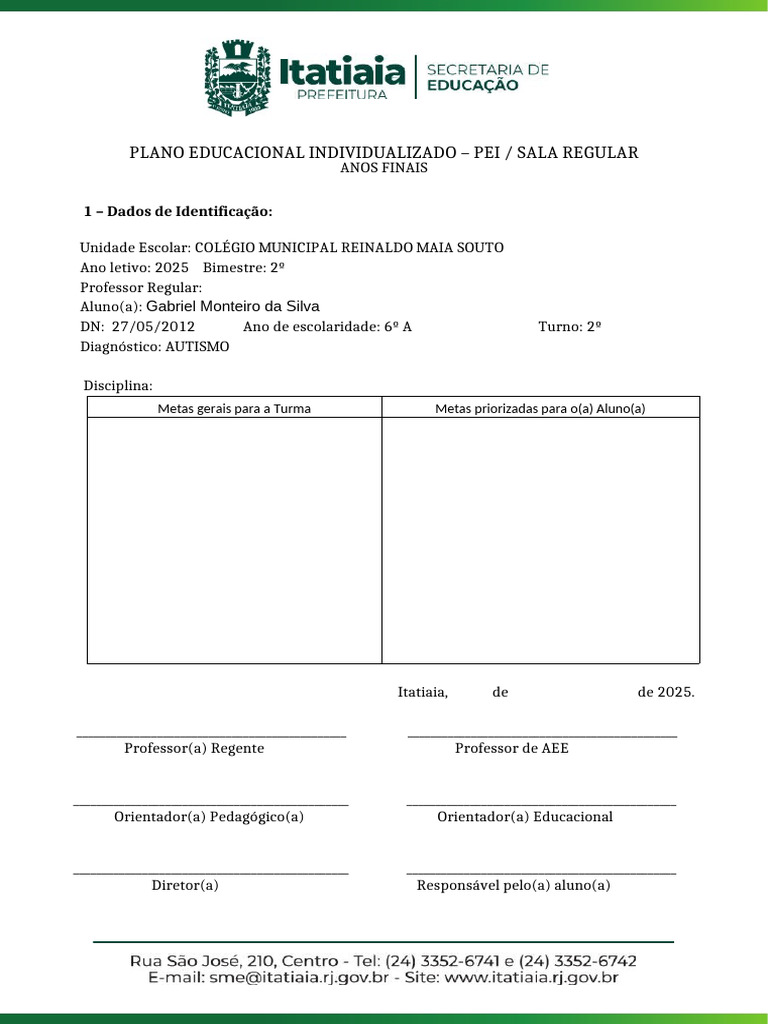 Plano Educacional Individualizado PEI 2025 | PDF | Conhecimento ...