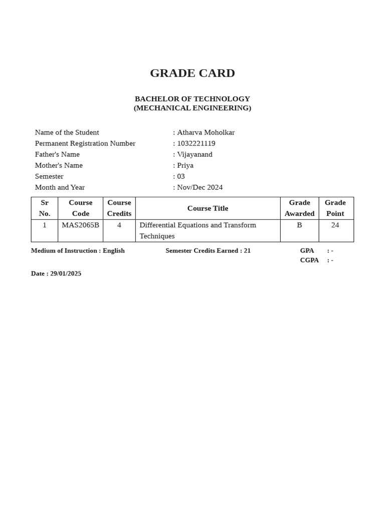 Btech Mech Sem 3 Sem Grade Card 3 1738139124003 STD | PDF