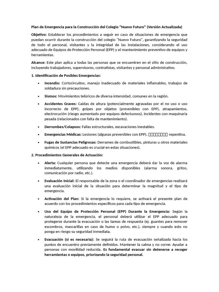 Plan de Emergencia de Una Obra | PDF | Primeros auxilios | Defensa Civil