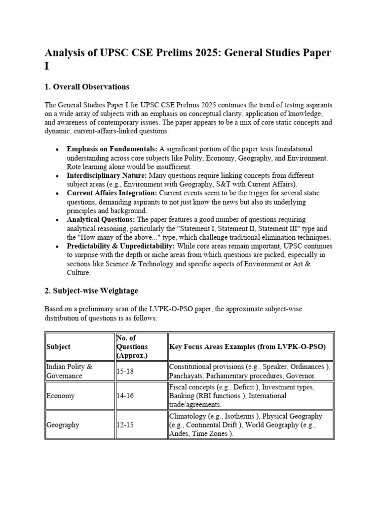 Analysis of UPSC CSE Prelims 2025 | PDF | Geography | Knowledge