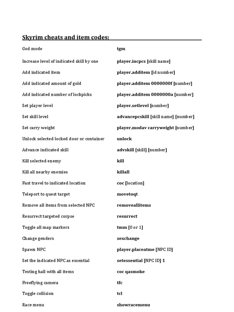 Skyrim Cheats and Item Codes Leisure Sports