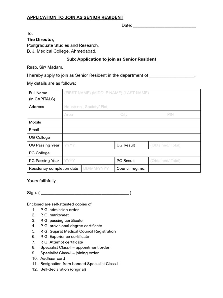 Senior Resident Application Form | PDF