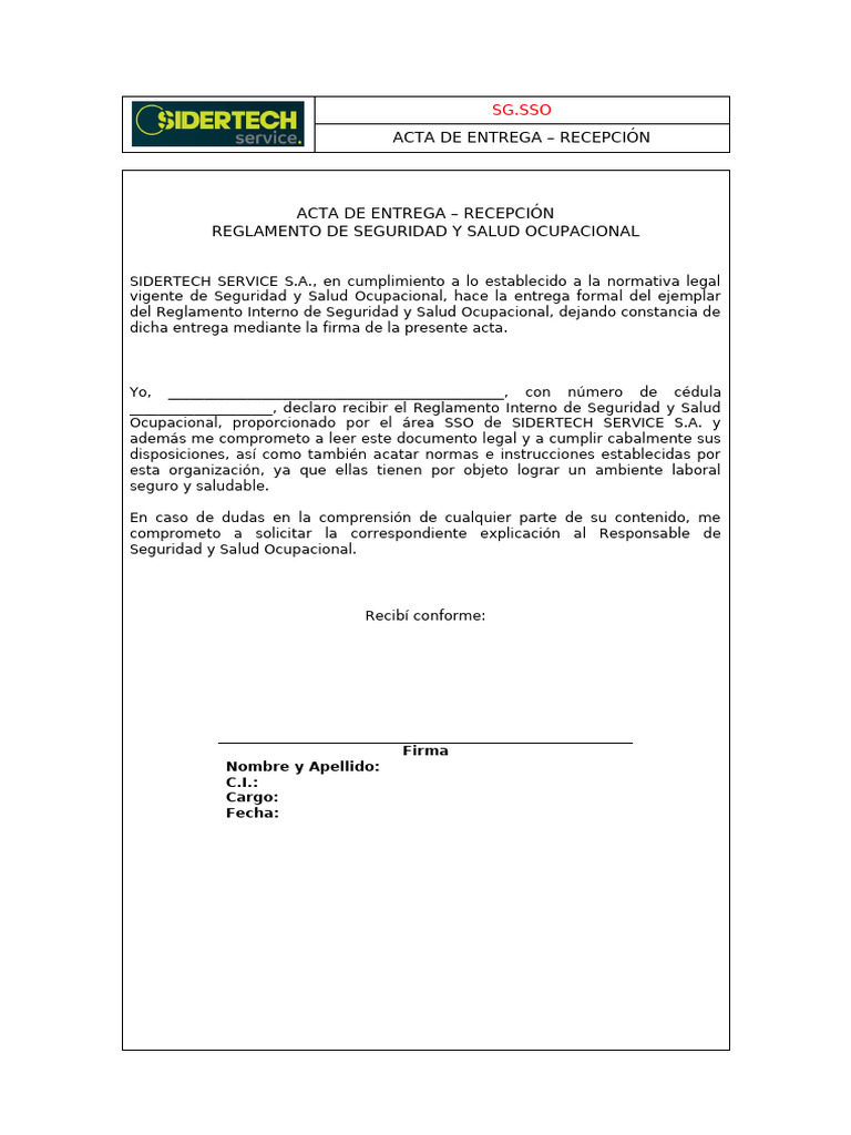 Acta de Entrega Reglamento SSO | PDF