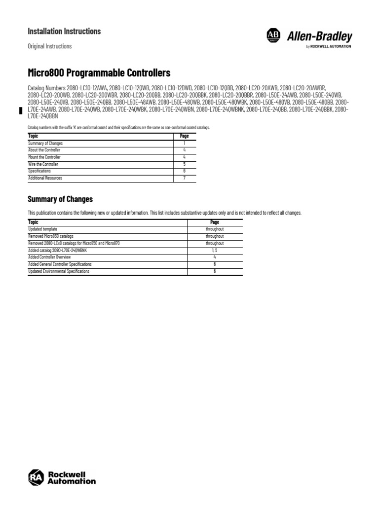 Micro800 Programmable Controllers: Installation Instructions | PDF