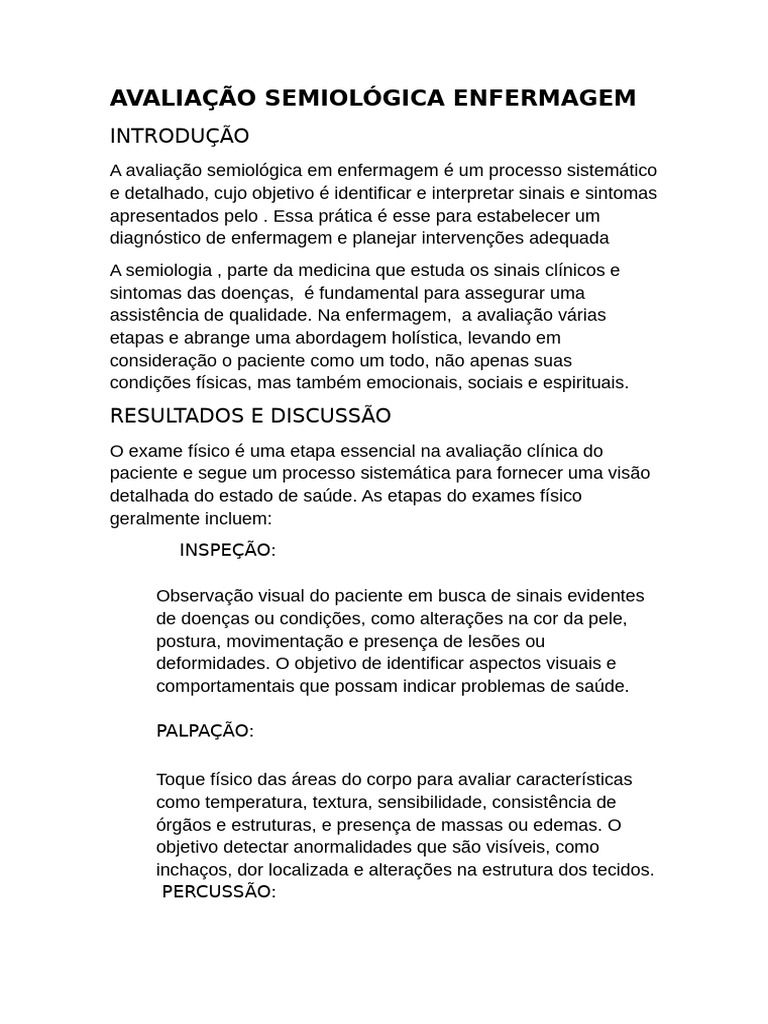 Avaliação Semiológica em Enfermagem | PDF | Enfermagem | Corpo humano