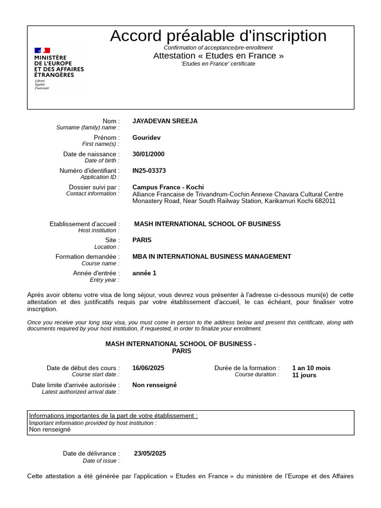 Attestation d'inscription MBA Paris | PDF | Visa (Document) | Diplomatie