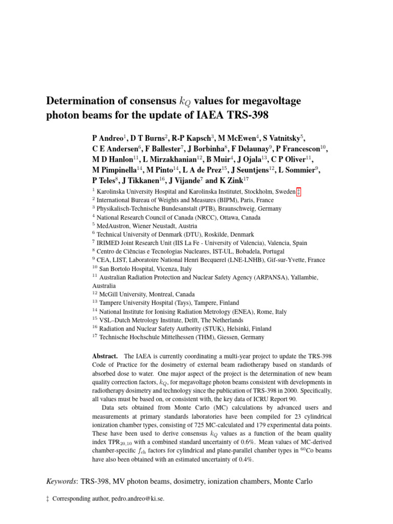 Consensus kQ Values for MV Photon Beams | PDF | Dosimetry | Electronvolt