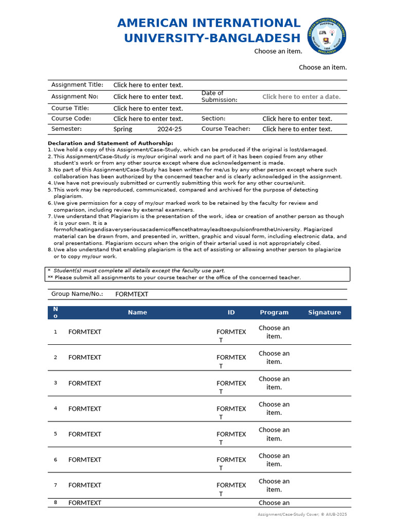 AIUB Assignment Submission Template | PDF | Plagiarism | Chess Theory