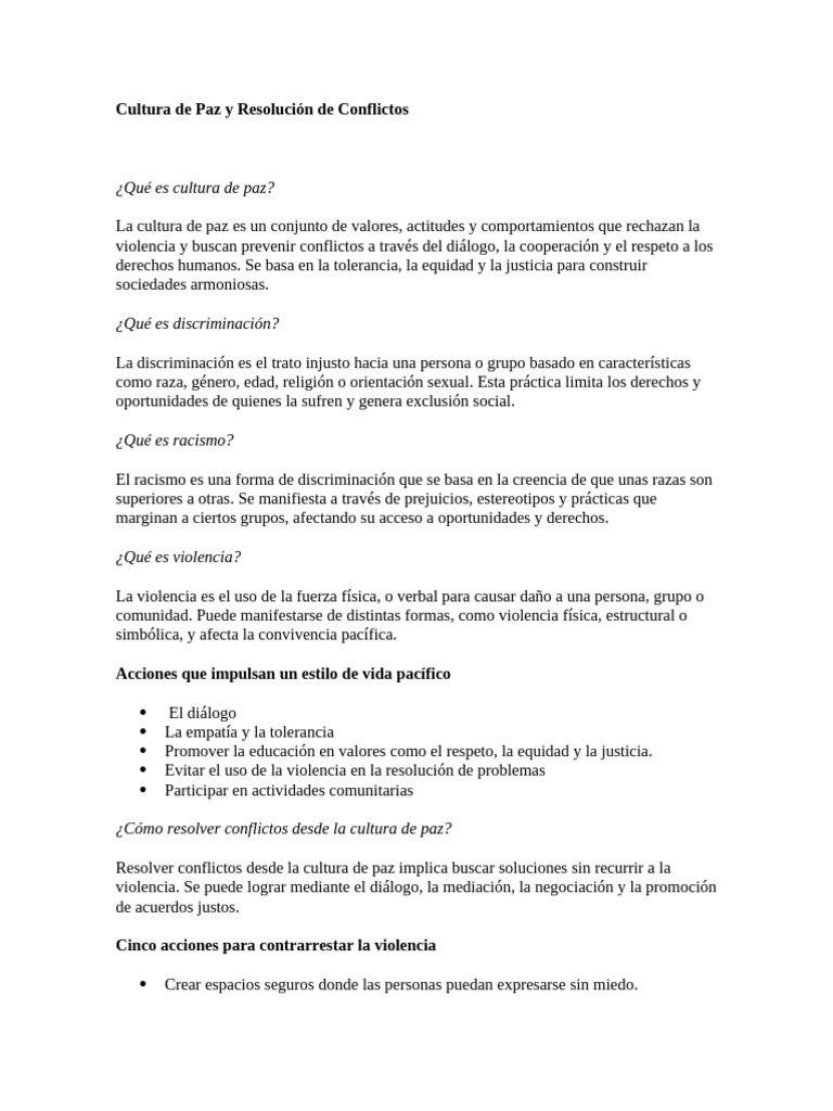Cultura de Paz y Resolución de Conflictos | PDF | Violencia ...