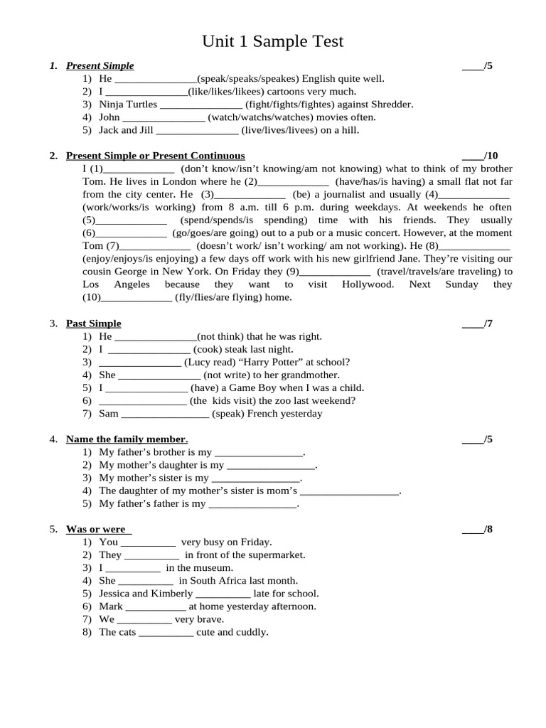 English Grammar Unit 1 Test | PDF