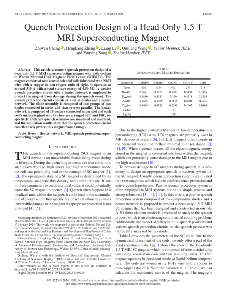 Quench Protection for 1.5 T MRI Magnet | PDF | Inductor | Electricity
