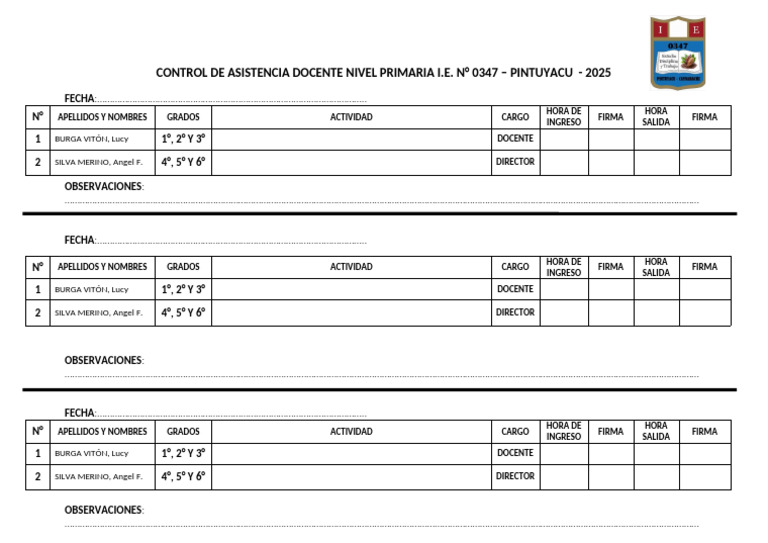 Control de Asistencia Docente Nivel Primaria I | PDF