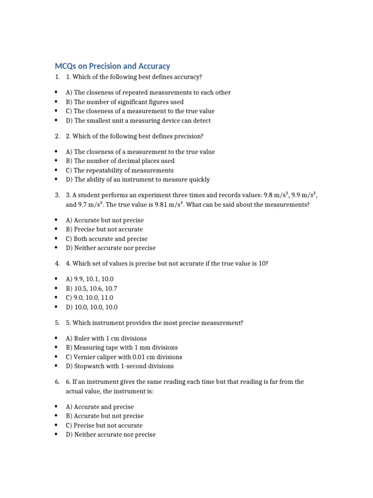 MCQs on Accuracy and Precision | PDF