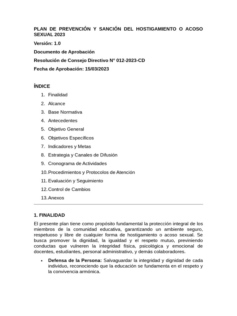 Plan de Prevención del Acoso Sexual 2023 | PDF | Acoso sexual | Acoso