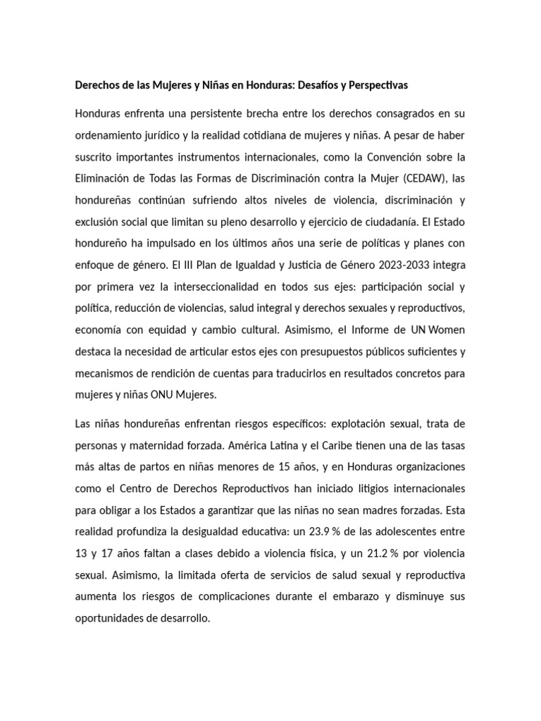 Derechos de Las Mujeres y Niñas en Honduras | PDF | Mujer | Igualdad de ...