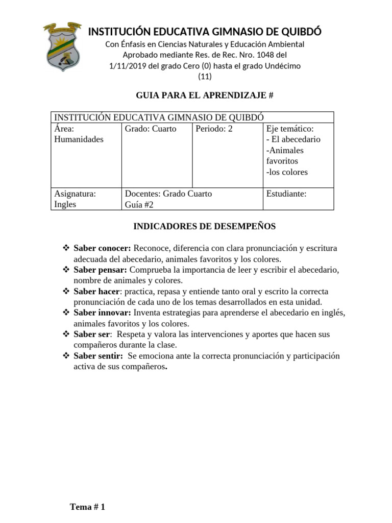 Guía de Inglés para Cuarto Grado | PDF