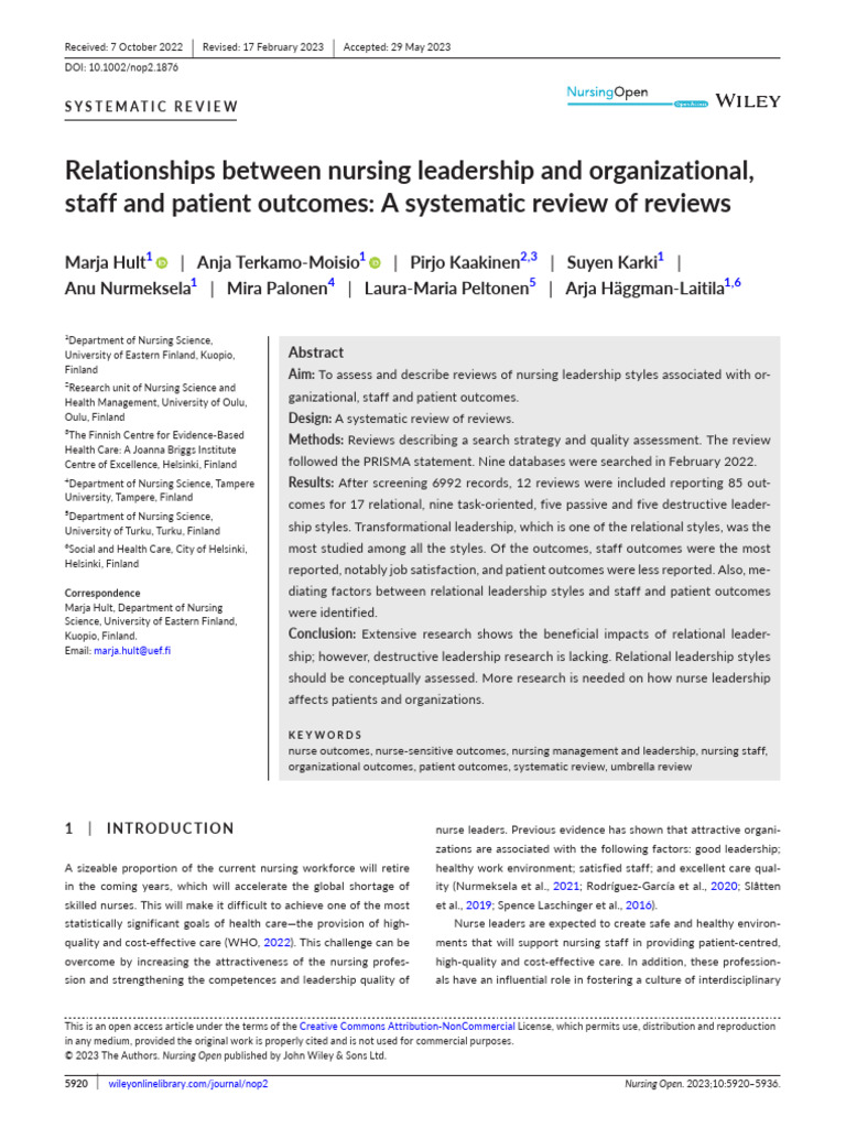 Nursing Leadership Impact on Outcomes | PDF | Systematic Review