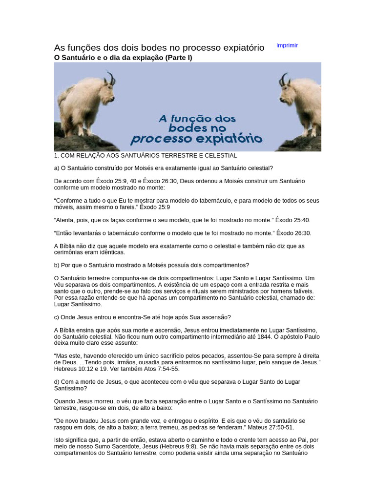Funções dos Bodes na Expiação Bíblica | PDF | Santuário | Pecado